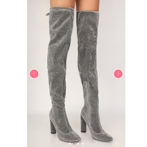 Silver glitter heeled over the knee boots - Picture 2 of 4